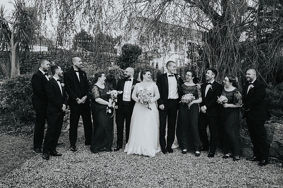 Bridal party laughing during photo shoot