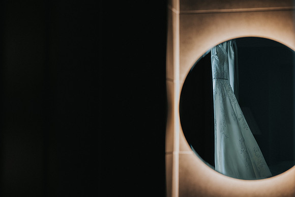 Bride Lorna in her detailed lace wedding dress.